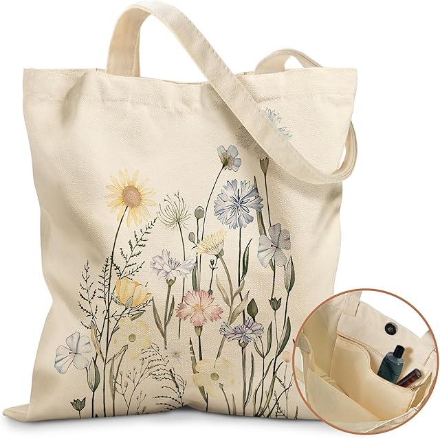 Aesthetic Tote Bag for Girls - with Magnetic Buckle and Zipper Inner Pocket for Women Lady Canvas Cotton Tote Bag