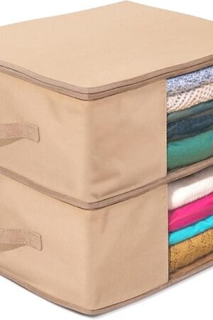 Cedar Clothes Storage Bag Organizer – Protects from Moths, Moisture, Dirt & Dust – Set of 2 Underbed Storage Bags for Clothes, Cashmere Sweaters, Bedding & More - Underbed Storage - Beige