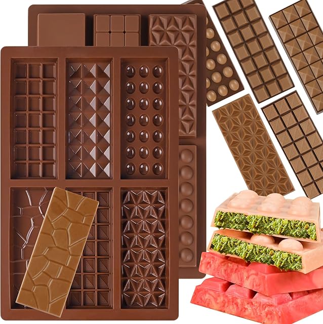Chocolate Bar Mold, 2 Pack Deep Silicone Molds, Non-Stick Chocolate Molds for Stuffed Pistachio Knafeh Bars, Energy Protein, Homemade Candy Snacks, 6 in 1 Style Chocolate Bar Mold