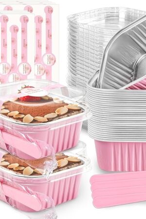 60 Pack Mini Cake Pans with Lids Mini Aluminum Pans, Disposable Loaf Pans Cupcake Liners with Lids for Pudding, Souffle, Party, Wedding(Pink, 5 oz)