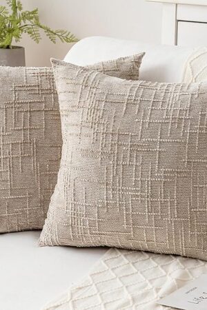 Decorative Throw Pillow Covers 18x18 Inch Set of 2, Soft Solid Farmhouse Chenille Couch Pillows, Spring Pillow Covers for Couch Sofa Bed Living Room Home Decor Pillowcase, Light Khaki