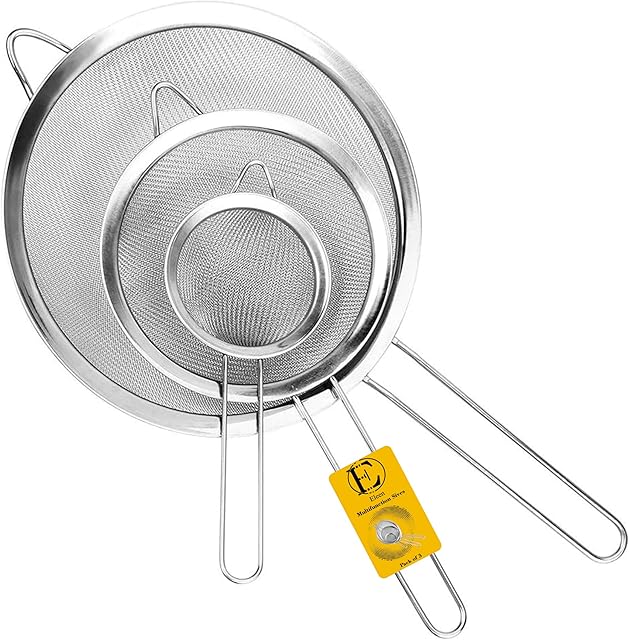 ELEEN Premium Stainless Steel Fine Mesh Strainers for Kitchen 3-Piece Set with Non-Slip Handle, Small, Medium & Large Sieves, Colanders and Sifter for Sifting, Straining, Pastas Tea, Rice Vegetables