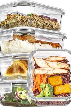 Vtopmart 5Pack 22oz Glass Storage Containers with Lids, Glass Meal Prep Food Container Sets with Snap Airtight Lids for Microwave, Oven, Freezer and Dishwasher