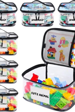 6 Pack Clear Toy Storage Bag with Name Tag& Manual Pocket, Waterproof Transparent PVC Toy Organizer Case for Lego Bricks, Board Games, Building Blocks, Puzzles (Large Capacity, Black)