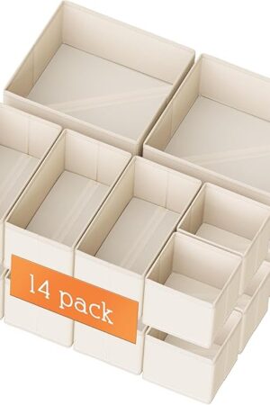 Criusia Drawer Organizer Clothes, 14 Pack Dresser Organizer for Baby Clothes, Underwear, Sock- Foldable Closet Organization and Storage Dividers Bins for Nursery, Bedroom and Dorm (Beige)