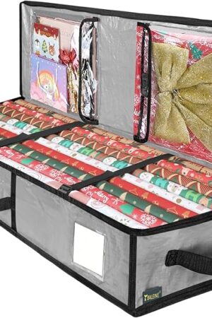 BALEINE SOFT Christmas Wrapping Paper Storage Bag, 40" Durable PE Gift Wrap Storage Bag with Flexible Partitions and Pockets for Ribbon, Accessories (Grey)