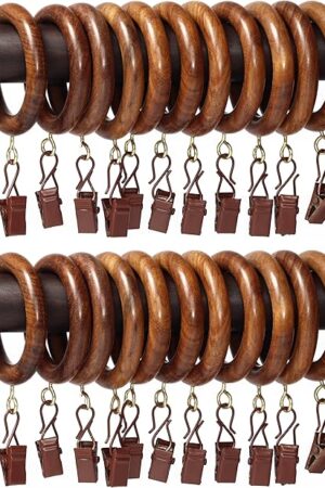 24 Pcs Curtain Rings with Clips Wooden, 2.5 inch for 1-1.5 inch Rod, Window Shower Curtain Hooks, Wood Curtain Rod Wood Curtain Rings with Eyelet, Drapery Rings, (24, 1.75 INCH Inner Dia)