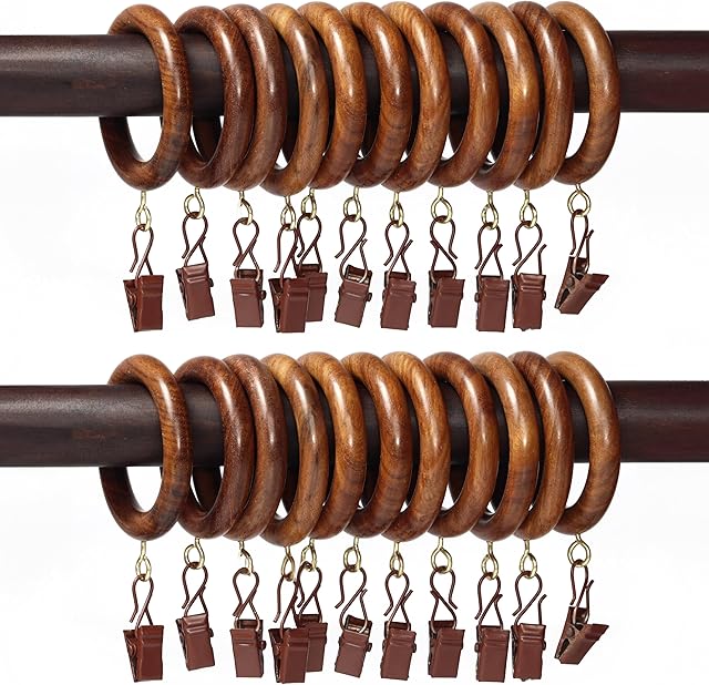 24 Pcs Curtain Rings with Clips Wooden, 2.5 inch for 1-1.5 inch Rod, Window Shower Curtain Hooks, Wood Curtain Rod Wood Curtain Rings with Eyelet, Drapery Rings, (24, 1.75 INCH Inner Dia)