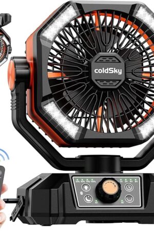 coldSky ???????? Camping Fan with ???? ?????, Battery Operated Fan with 4 LED Lantern, 8 Speeds Desk Fan with Remote, Portable Outdoor Fan with Hook for Tent, Power Outages, Jobsite