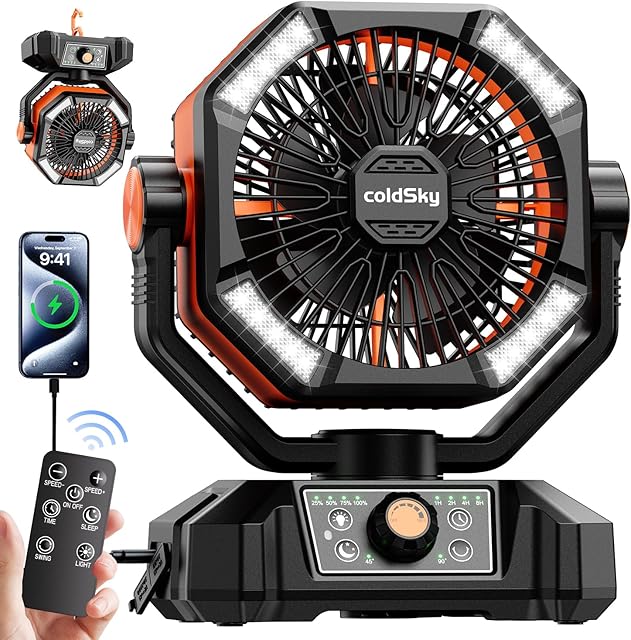 coldSky ???????? Camping Fan with ???? ?????, Battery Operated Fan with 4 LED Lantern, 8 Speeds Desk Fan with Remote, Portable Outdoor Fan with Hook for Tent, Power Outages, Jobsite