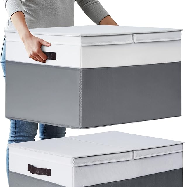 2 Pack EXTRA LARGE Blanket Storage Baskets with Lids, 22?x16?x12? Closet Organizers Bins for Clothes Towel/ Storage Box with Lid Handles/ Stackable Decorative Fabric Bins for Living Room, Nursery
