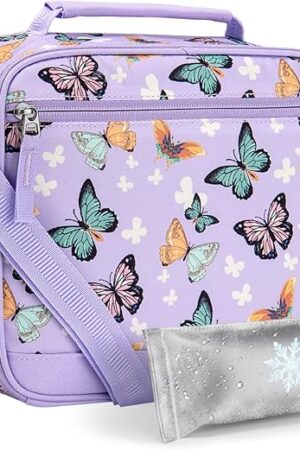 Choco Mocha Butterfly Lunch Box Kids Lunch Box for Girls Lunch Boxes for School Lunch Bag ice packs with Shoulder Strap for Toddler Preschool Kindergarten Purple