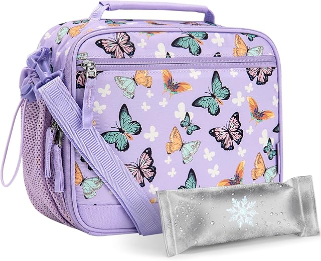Choco Mocha Butterfly Lunch Box Kids Lunch Box for Girls Lunch Boxes for School Lunch Bag ice packs with Shoulder Strap for Toddler Preschool Kindergarten Purple