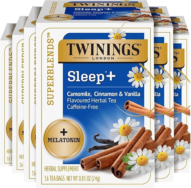 Twinings Superblends Sleep+ Herbal Tea with Melatonin | 6 Pack (96 Bags) | 1mg Melatonin per serving | Camomile, Cinnamon & Vanilla flavors | Naturally Caffeine-Free | 16 Tea Bags per box