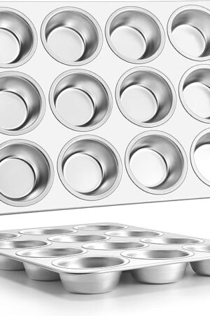 E-far Muffin Pan 12-Cup, Set of 2, Stainless Steel Cupcake Pan Metal Muffin Baking Tins for Oven, Regular Size & Easy Clean, Non-toxic & Dishwasher Safe-2 Pack
