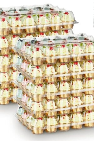 (24 Pack x 10 Sets) Stackable Cupcake Carrier Holders with 240 Pack Cupcake Liners, Plastic Cupcake Boxes Holders for 24 Cupcakes, High Tall Dome Lid Cupcake Containers, Clear Cupcake Trays