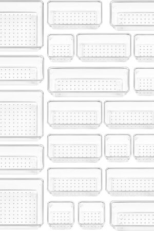 Vtopmart 25 PCS Clear Plastic Drawer Organizers Set, 4-Size Versatile Bathroom and Vanity Drawer Organizer Trays, Storage Bins for Makeup, Bedroom, Kitchen Gadgets Utensils and Office