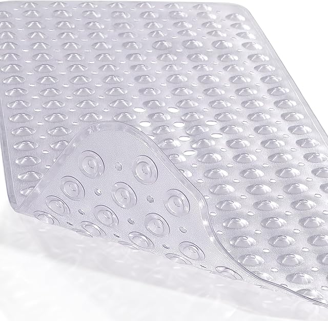 Yimobra Non Slip Bathtub Mat, Super Strong Suction Cups, 40"x16" Extra Long Shower Mat with Drain Holes, Machine Washable Fast Draining Bathroom Floor Mat, Clear Grey