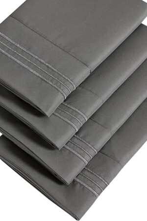 YIYEA Pillow Cases Standard Size Set of 4, Ultra Soft 1800TC Hotel Quality Double Brushed Microfiber Embroidered Pillowcases, Envelope Closure, Fade Resistant (20"x26", Dark Grey)