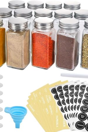 AOZITA 14 Pcs Glass Spice Jars with Spice Labels - 4oz Empty Square Spice Bottles - Shaker Lids and Airtight Metal Caps - Chalk Marker and Silicone Collapsible Funnel Included