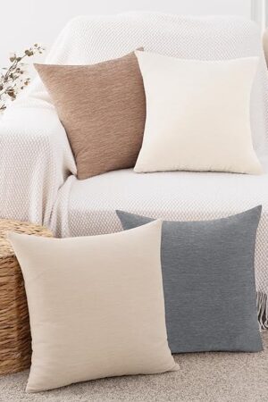 4 Packs Neutral Decorative Throw Pillow Covers 18x18 Inch for Living Room Couch Bed Sofa, Rustic Farmhouse Boho Home Decor, Soft Plush Chenille Square Cushion Case 45x45 cm