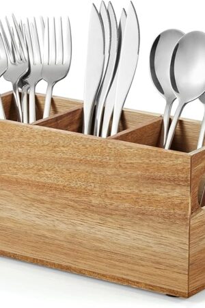 DRASTAR Silverware Holder, Acacia Wooden Utensil Caddy, Silverware Organizer Countertop, Cutlery Holder for Party, Fork Spoon Knife Organizer