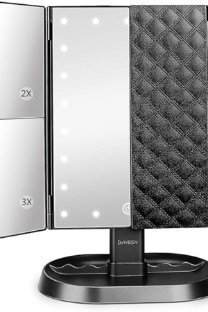 deweisn Trifold Lighted Vanity Makeup Mirror with 21 LEDs Lights,1x/2x/3x Magnification and Touch Screen Dimming,Two Power Supplies Makeup Mirror, Gift for Women