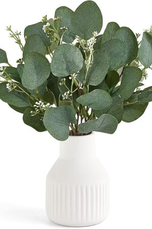 Dahey Artificial Eucalyptus Stems in Small Ceramic Vase Centerpiece Table Decorations Modern Farmhouse Decor Fake Eucalyptus Plants with Vase for Bathroom Kitchen Shelf Living Room Home Decor, White