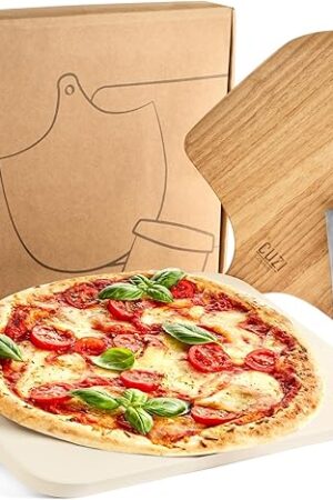 Cuzi Gourmet 3-Piece Pizza Stone Set - 15x12" Thermal Shock Resistant Cordierite Pizza Stone, 15x12" Natural Wood Pizza Peel & Pizza Cutter - Pizza Stone for Grill and Oven
