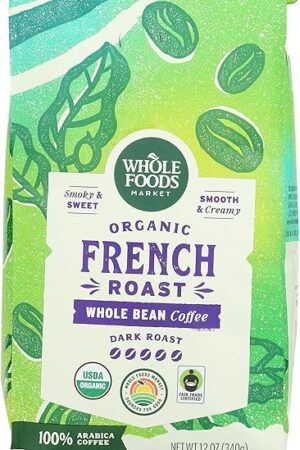 Whole Foods Market, Organic Whole Bean Coffee, Dark French Roast, Smoky & Sweet, Smooth & Creamy, 12 Ounce