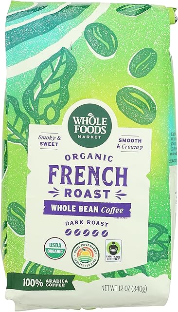 Whole Foods Market, Organic Whole Bean Coffee, Dark French Roast, Smoky & Sweet, Smooth & Creamy, 12 Ounce