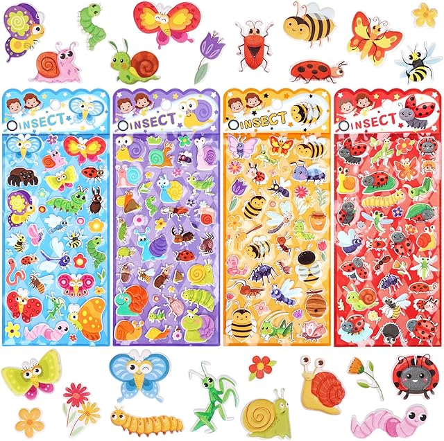 The Insect Bug Puffy Stickers for Kids – 3D Small Foam Worm, Ladybug & Bee Stickers with Spring Flower Nature Theme – Fun for Toddlers, Girls, Boys & Preschool Arts & Crafts, Set of 4 Sheets