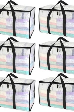 BALEINE 6-Pack Oversized Moving Bags with Reinforced Handles, Heavy-Duty Storage Tote for Clothes, Moving Supplies (Clear, 6-Pack)
