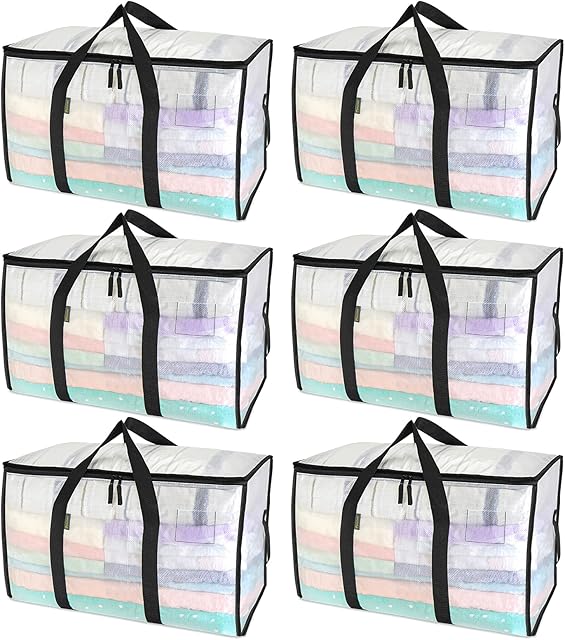 BALEINE 6-Pack Oversized Moving Bags with Reinforced Handles, Heavy-Duty Storage Tote for Clothes, Moving Supplies (Clear, 6-Pack)