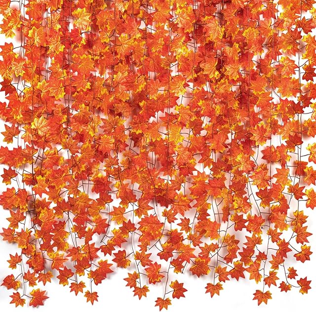 CQURE 5 Pack Fall Leaf Garland,Artificial Fall Vines Autumn Garland Fall Maple Leaves Thanksgiving Decor for Home Wedding Fireplace Christmas