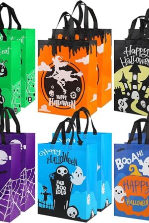 CCINEE 12PCS Halloween Non-Woven Bags with Handle, Large Size Reusable Trick or Treat Tote Bags, 15.7"11.8"5.9"