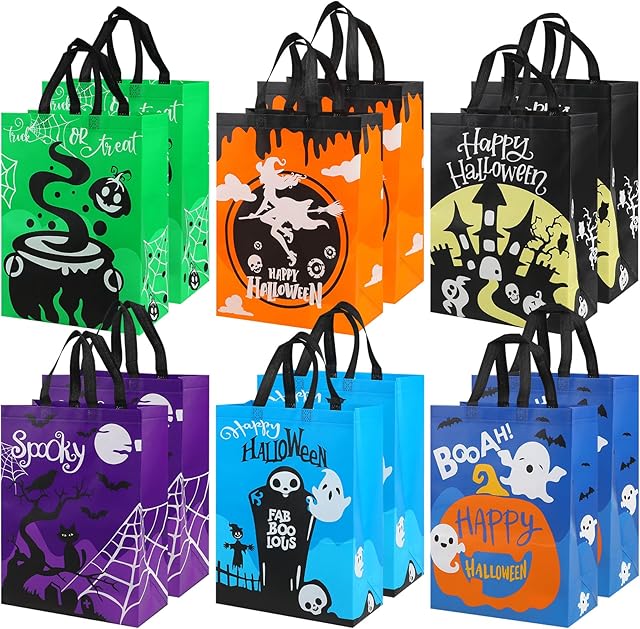 CCINEE 12PCS Halloween Non-Woven Bags with Handle, Large Size Reusable Trick or Treat Tote Bags, 15.7"11.8"5.9"
