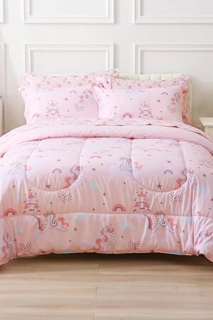 Viviland Girls Twin Comforter with Sheet Set - Kids Brushed Microfiber Twin Bedding Set - 5 Pieces Machine Washable Bed in A Bag, Bed Sheet Set, Shams - Pink Unicorn