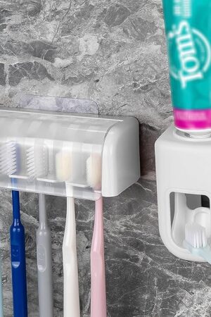 5 Slots Wall Mount Toothbrush Holder with Cover, Self Adhesive Toothbrush Storage Organizer for Shower, Toothbrush Hanger with Automatic Toothpaste Squeezer Dispenser