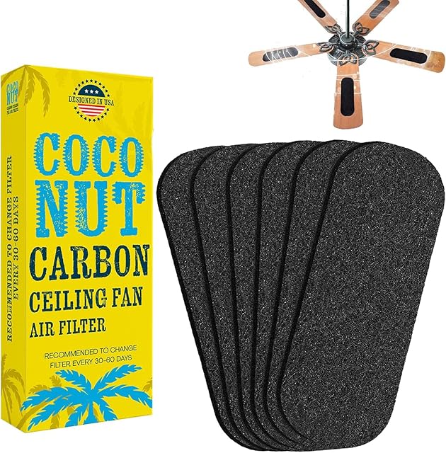 Ceiling Fan Filters for Blades, Ceiling Fan Filter, Unscented Activated Coconut Shell Carbon Ceiling Fan Air Filter-Easy-Stick Ceiling Fan Air Filters, Universal Ceiling Fan Blade(6 Pack)