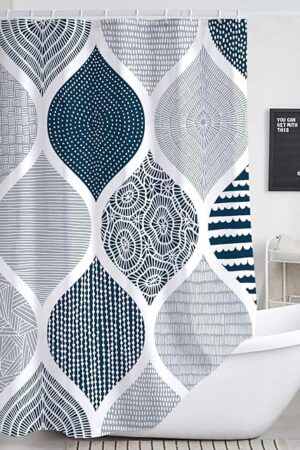 Blue and Grey Shower Curtain for Bathroom, Light Blue White Dark Gray Navy Bohemian Chic Geometric Pattern Fabric Shower Curtains Set, Modern Paisley Restroom Decor Accessories with Hooks 72X72Inches