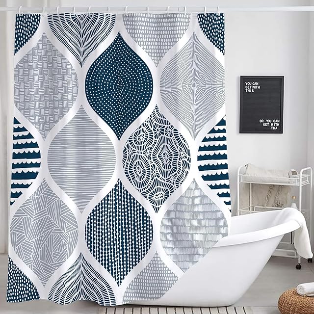 Blue and Grey Shower Curtain for Bathroom, Light Blue White Dark Gray Navy Bohemian Chic Geometric Pattern Fabric Shower Curtains Set, Modern Paisley Restroom Decor Accessories with Hooks 72X72Inches
