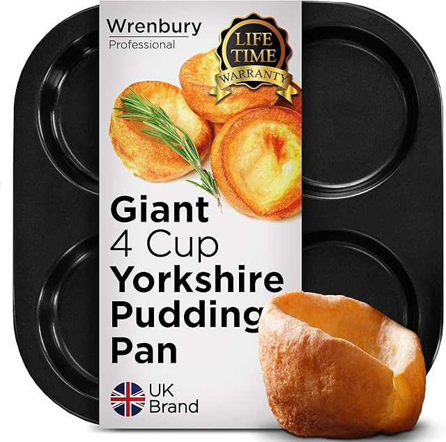 Wrenbury Large Yorkshire Pudding Pan Heavy Duty - Non-Stick for Perfect, Easy Release Puddings 4 inch - Even Heating, Non-Stick Coating Tray - 10 Year Guarantee