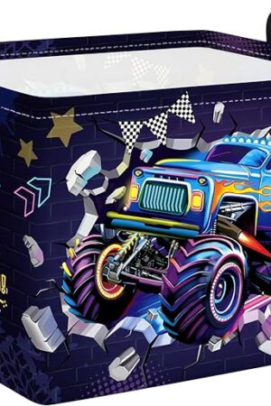 Clastyle Sport 3D Racing Car Boy Room Basket Racing Flag Monster Truck Toy Book Shelf Basket Large Rectangle Collapsible Dirty Clothes Storage Bin,Monster,40*30*30 cm