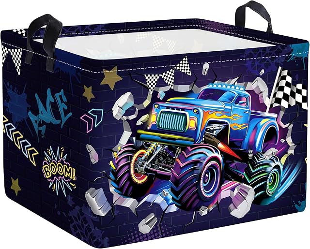 Clastyle Sport 3D Racing Car Boy Room Basket Racing Flag Monster Truck Toy Book Shelf Basket Large Rectangle Collapsible Dirty Clothes Storage Bin,Monster,40*30*30 cm