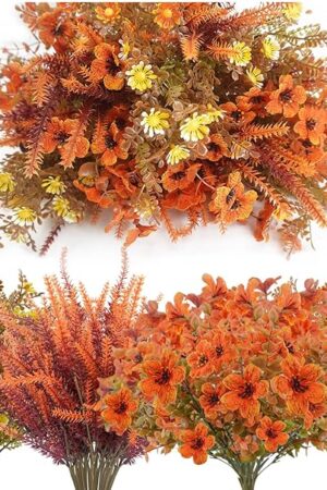 16PCS Fall Artificial Flowers Outdoor UV Resistant Faux Plastic Autumn Plants No Fade Fall Orange Mums for Home Outside Garden Window Box Wedding Party Fall Decor