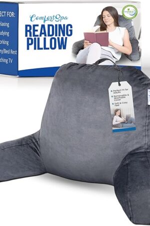 ComfortSpa Reading Pillow for Bed Adult Size, Back Rest Pillow with Arms, Pockets and Washable Cover; Use as a Back Pillow for Bed Sitting Up for Bedrest or Relief from GERD Heartburn (Large Grey)