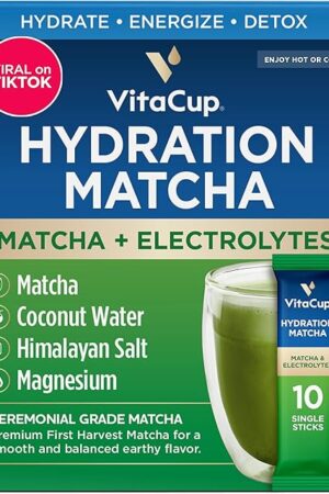 VitaCup Hydration Matcha Instant Packets, 10 Ct, w/Electrolytes | Natural Energy & Detox | with Coconut Water | Pink Himalayan Salt | Magnesium | Ceremonial Grade Organic | Single Serve Sticks
