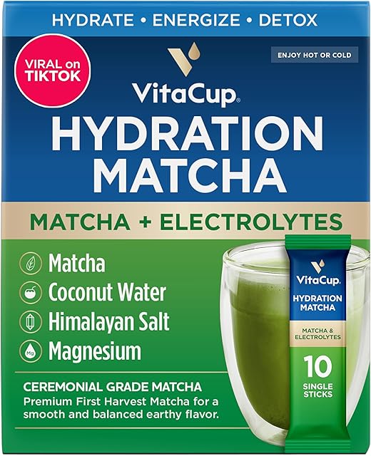 VitaCup Hydration Matcha Instant Packets, 10 Ct, w/Electrolytes | Natural Energy & Detox | with Coconut Water | Pink Himalayan Salt | Magnesium | Ceremonial Grade Organic | Single Serve Sticks