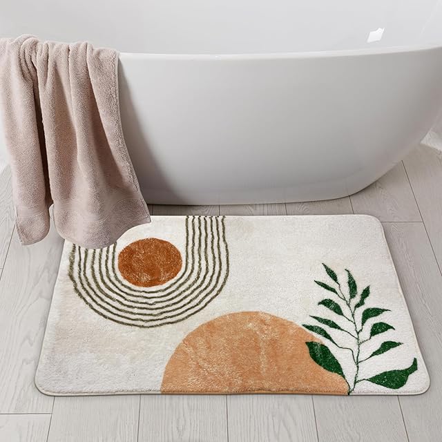 20"X30" Boho Bath Rugs for Bathroom Decor Non-Slip Bath Mat Absorbent Plush Microfiber Soft Carpet Machine Washable Bath Mat for Bathrooms,Showers,Laundry Rooms,White and Green